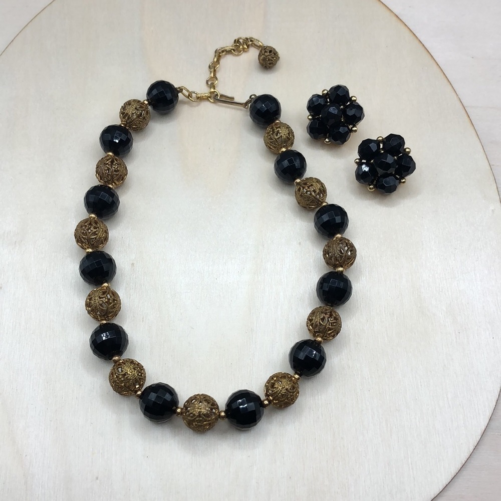 Curated bundle vintage glam jewelry set necklace and clip on earrings.